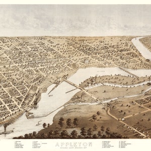 Puede incluir: Mapa antiguo de Appleton, Wisconsin, de 1867, en tonos sepia. La ilustración detallada muestra el diseño de la ciudad, el río Fox, puentes y edificios. Se ve un barco de vapor. El mapa incluye una lista de puntos de referencia.