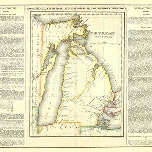 May include: A vintage map of the Michigan Territory, featuring geographical, statistical, and historical details. The map showcases the Great Lakes and surrounding areas, with text in the margins. The map is in shades of yellow, green, and pink.