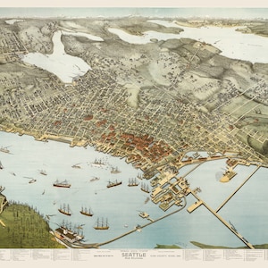 May include: An antique bird's-eye view map of Seattle, Washington, showing the city's layout and surrounding waterways. The map is printed in a vintage style with detailed illustrations of buildings, streets, and ships.