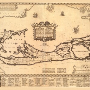 May include: A sepia-toned antique map of Astivarum Sommer, depicting Bermuda. The map showcases detailed cartography of the islands, with text and decorative elements. Includes a compass rose, sailing ships, and detailed geographical features.