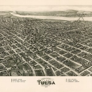 May include: A black and white aerial view of Tulsa, Oklahoma in 1918. The image shows the city's streets, buildings, and the Arkansas River. The text "CITY OF TULSA, OKLAHOMA, 1918" is visible at the bottom of the image.