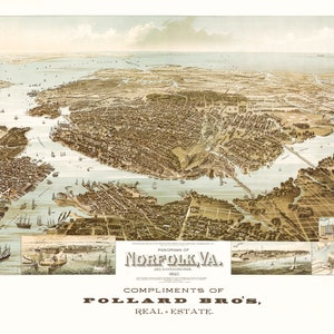 May include: A sepia-toned, vintage panoramic map of Norfolk, VA, and environs from 1887. The map shows the city's layout, with detailed illustrations of buildings and waterways. The text at the bottom reads "Compliments of Pollard Bros, Real Estate."