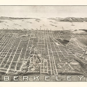 May include: A vintage black and white aerial view illustration of Berkeley, California. The illustration shows the city's streets, buildings, and surrounding landscape. The text "BERKELEY, CALIFORNIA" is printed at the bottom of the illustration.