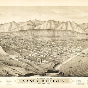 May include: A black and white bird's eye view illustration of Santa Barbara, California in 1872. The illustration shows the city with its streets, buildings, and surrounding landscape. The Santa Ynez Mountains are in the background. The text "Bird's Eye View of Santa Barbara, California, 1872" is at the bottom of the illustration.