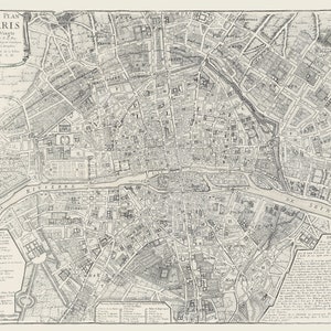 Könnte beinhalten: Eine antike Schwarz-Weiß-Karte von Paris, Frankreich. Die Karte zeigt den Stadtplan, einschließlich Straßen, Gebäude und die Seine. Französischer Text ist oben und an den Seiten der Karte zu sehen.