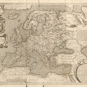 May include: A vintage map of Europe, showing detailed geographical features. The map is in sepia tones, with Italian text and decorative elements. A ship is illustrated in the lower left corner.