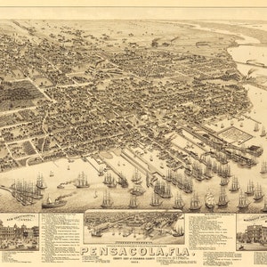 May include: Antique map of Pensacola, Florida, from 1885, in sepia tones. The detailed illustration shows the city's layout, buildings, and harbor filled with ships. Includes inset illustrations of buildings and a key with numbered points of interest.
