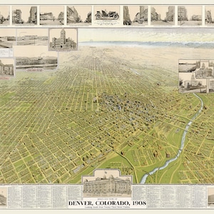May include: A vintage map of Denver, Colorado, from 1908, showing a bird's-eye view of the city. The map features detailed illustrations of buildings and streets, with text at the bottom. The color palette is primarily sepia and green.