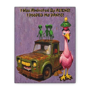 May include: A humorous illustration of a pink flamingo with a green alien hat standing next to a rusty green truck. Three green aliens are standing on top of the truck. The text "I Was Abducted By Aliens! I Pooped My Pants!" is written in white letters on a purple background.
