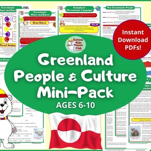 May include: A green and white illustrated mini-pack about Greenland people and culture. The pack includes information about Greenlandic music and dance, sled dogs, houses, the Greenlandic language, and a legend about the mother of the sea. The pack is designed for ages 6-10. The image also includes a polar bear wearing a scarf and a map of Greenland.