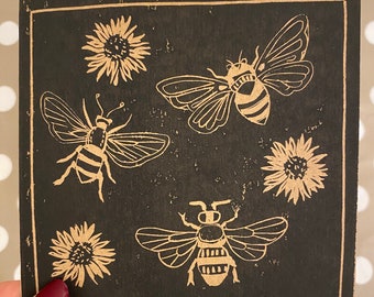 Bees Card. Single or 4 Pk, Original Linocut Print, Easter Card/Birthday Card/Notecard. 120mm x 120mm. Blank Inside. 100% Recycled Kraft Card
