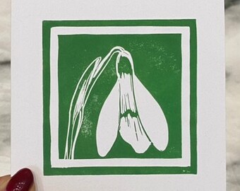 Snowdrop Card, Various Colours Original Linocut Print, Birthday/Sympathy/Notecard. 120mm x 120mm. Blank Inside. 100% Recycled Card & Paper.