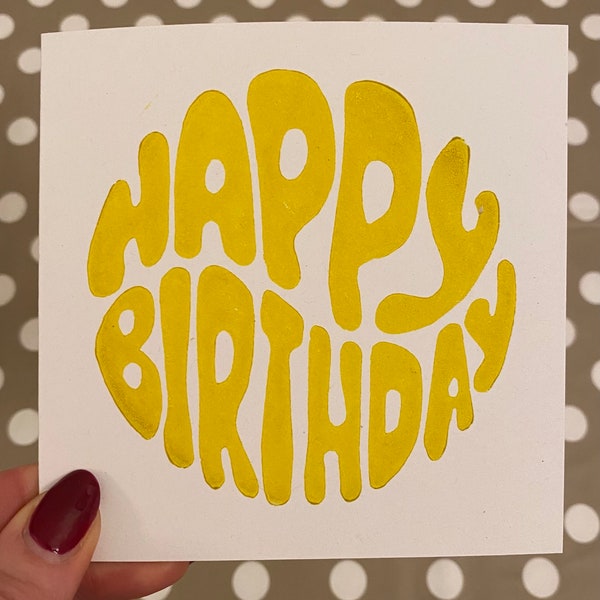 Birthday Card, Various Colours, Single or Multipk,Original Linocut Print, Birthday Card/Greetings Card/Notecard. 120mm x 120mm. Blank Inside