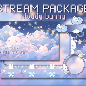 May include: A digital art stream package with a cloudy bunny theme. The design features a blue and pink color palette with cartoon bunnies, clouds, stars, and the text "Stream Package cloudy bunny". Includes overlay elements.