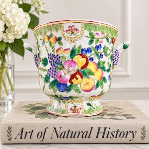 May include: A white ceramic planter with two side handles, decorated with a colorful hand-painted pattern of various fruits, berries, and green leaves. The vessel features a flared rim and a pedestal base, showcasing vibrant yellow, red, and purple tones.