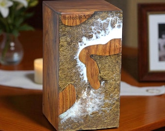 Handmade Wooden Cremation Urn Box: Ocean Resin Memorial Keepsake