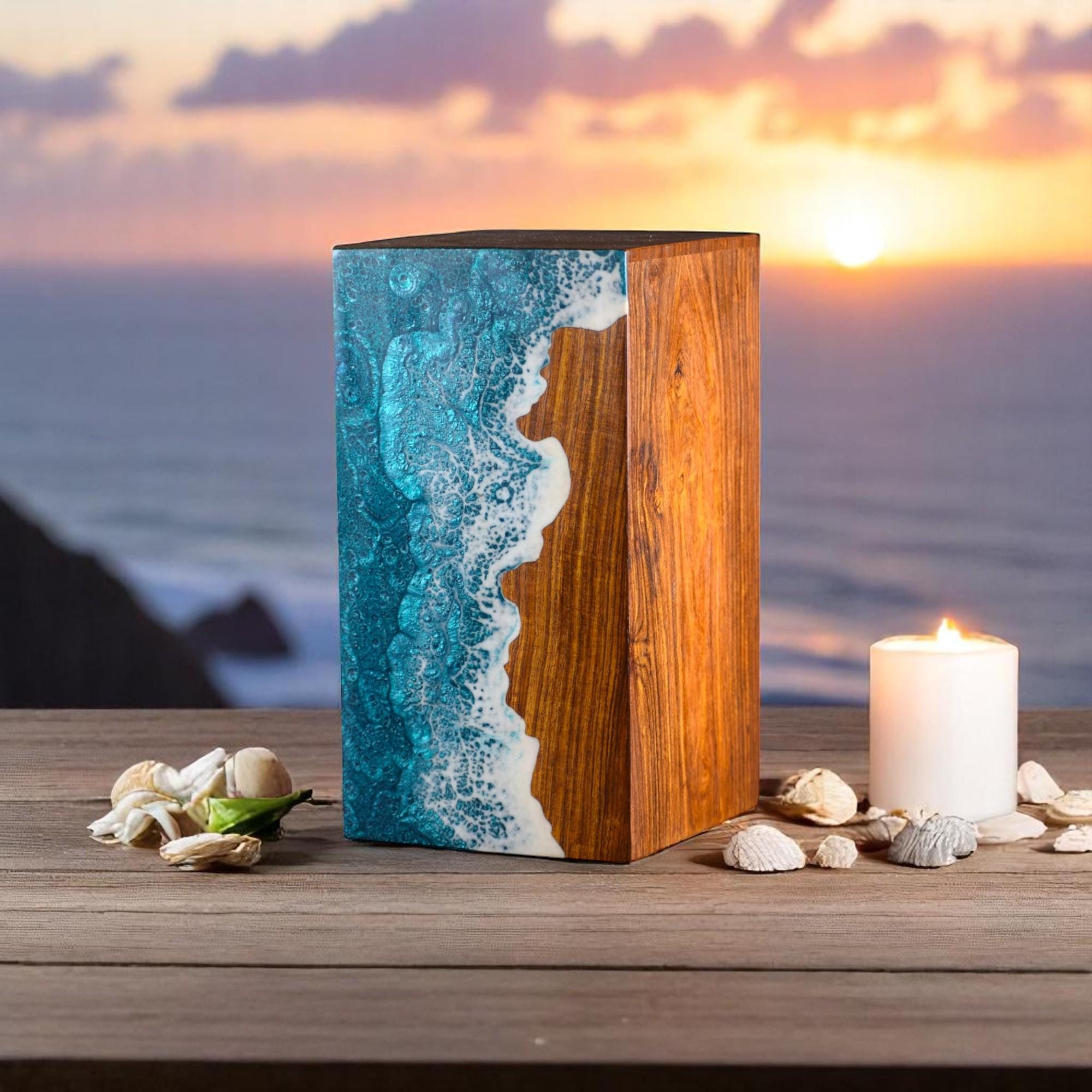 Handcrafted Rosewood Urn Box with Ocean Wave Design | Premium Memorial Keepsake