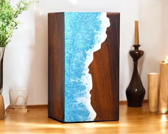 Handcrafted Rosewood Cremation Urn with Ocean Resin Art - Personalized Memorial Box