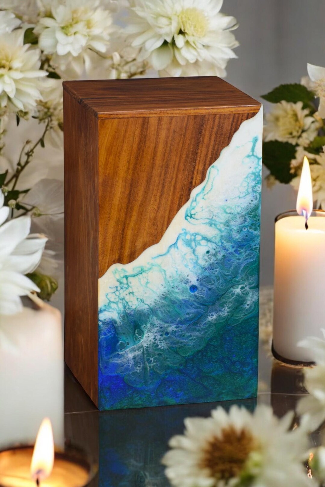 Rosewood Urn Box: Black Resin Ocean Wave Inlay - Memorial Keepsake - Etsy