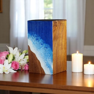 Personalized Rosewood Urn Box with Epoxy Resin Ocean Design for Ashes Keepsake Urns For Human Ashes Memorial Ashes Box Cremation Urn Box