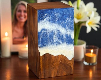 Handcrafted Wooden Cremation Urn: Ocean Resin Art, Custom Engraved