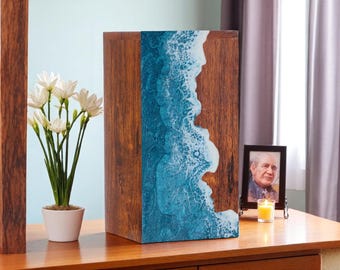 Handcrafted Rosewood Urn Box with Ocean wave Resin Design | Memorial Keepsake Box | Funeral Cremation Urn for Ashes | Custom Engraved Urn