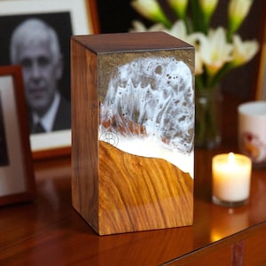 Wooden urn box Rosewood With Resin Ocean Wave Design Urns For Human Ashes - Elegant Remembrance Keepsake urn-Unique Funeral Ashes Container