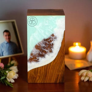 Rosewood Urn Box with Ocean Wave Resin – Handmade Wooden Cremation Box – Memorial Keepsake for Ashes – Personalized Funeral Urn
