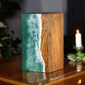 Urn box, Rosewood & Green Resin Ocean Wave Urn Box | Urns For Human Ashes | Memorial Keepsake Urn | Personalized/Custom Urns | Ashes Box