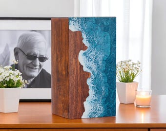 Handcrafted Rosewood Urn Box: Ocean Wave Design, Memorial Keepsake