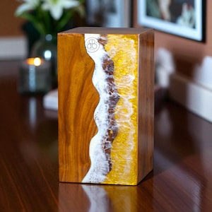 Rosewood Urn Box with Ocean Wave Resin – Handmade Wooden Cremation Box – Memorial Keepsake for Ashes – Personalized Funeral Urn
