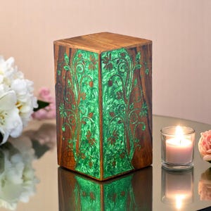 Handcrafted Wooden Urn Box with Green Floral double side resin – Decorative Cremation Keepsake, Memorial Box, Rustic Funeral Urn for Ashes