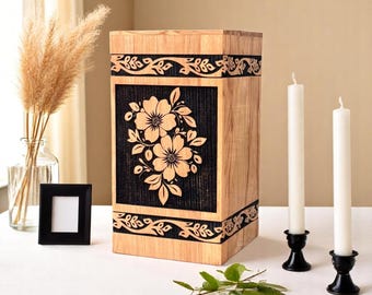 Handmade Wooden Floral Urn Box: Memorial Keepsake for Ashes