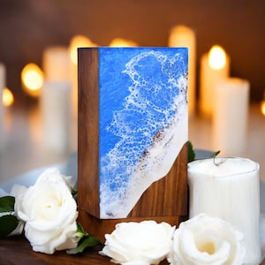 Green Ocean Wave Resin Urn – Handcrafted Rosewood Cremation Box for Ashes | Coastal Memorial Keepsake | Personalized Funeral Urn