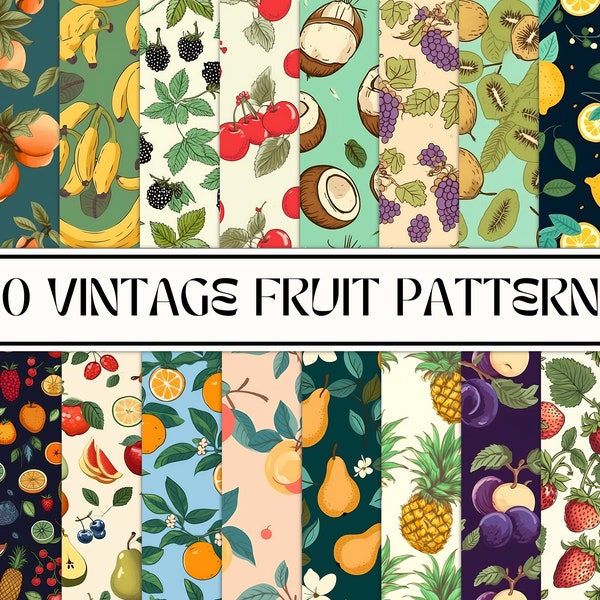 Vintage Fruit Digital Paper Set, Seamless Pattern, Fruit Patterns, Printable, Commercial Use, Background, Wallpaper