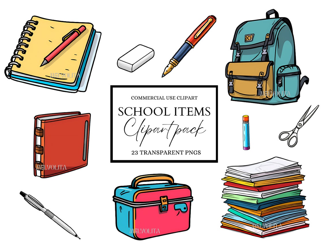 23 Cartoon School Item Clipart, Clipart Pack, Digital Art Collection ...