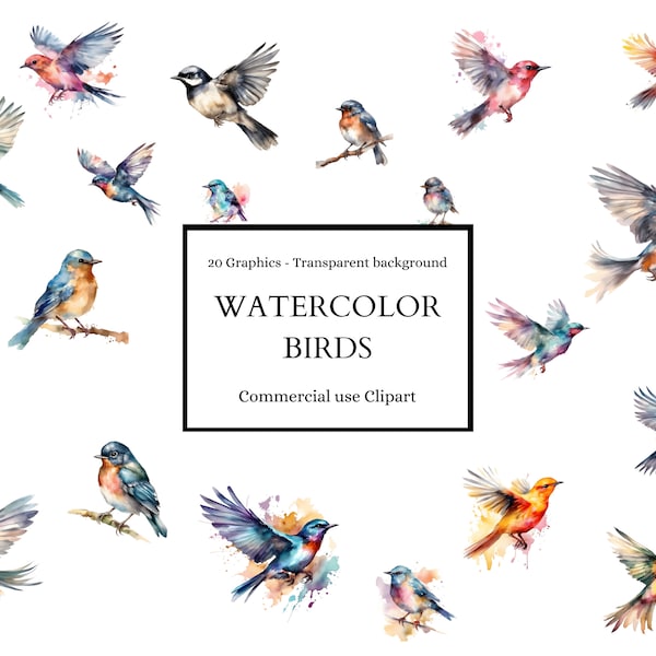 20 Watercolor Birds Clipart, Clipart pack, Digital Art Collection, Commercial Use