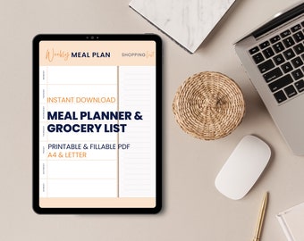 Tangerine Weekly Meal Planner with Grocery List Printable Template, 7 Day Menu Plan, Food Planner, Health & Fitness, A4/Letter