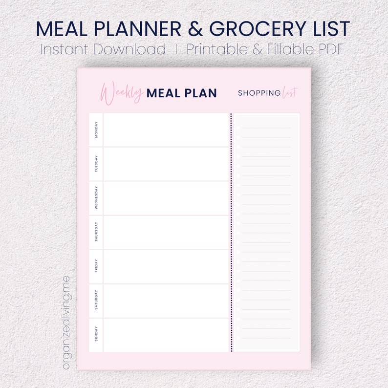 Pink Weekly Meal Planner With Grocery List Printable Template, 7 Day ...