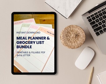 Colorful Weekly Meal Planner BUNDLE with Grocery List Printable Template, 7 Day Menu Plan, Food Planner, Health & Fitness, A4/Letter