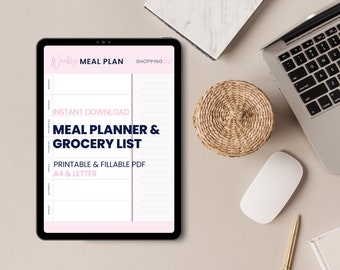 Pink Weekly Meal Planner with Grocery List Printable Template, 7 Day Menu Plan, Food Planner, Health & Fitness, A4/Letter