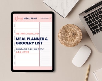 Coral Weekly Meal Planner with Grocery List Printable Template, 7 Day Menu Plan, Food Planner, Health & Fitness, A4/A5/Letter/Half