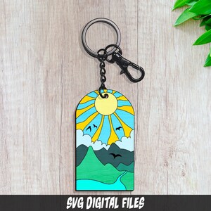 Porte-clé paysage ensoleillé - Glowforge Laser Cut - Fichiers SVG/PNG/PDF - 1 fichier Design - Prêt à couper - Unique - Coloré - Belle vue