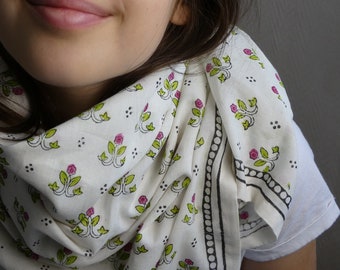 White, fuschia and acid green floral print cotton voile scarf 100x100