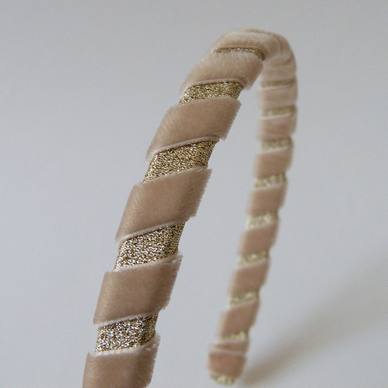 Gold and colored velvet headband for ceremonies and special occasions for women and girls Beige