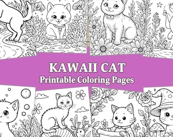 かわいい猫の塗り絵ページ（印刷可能なPDF）、子供と大人向けのかわいい子猫の塗り絵50種類以上、居心地の良い猫のアートシート（即時ダウンロード）