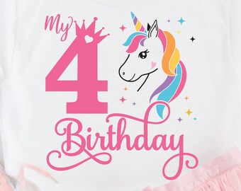 Mijn 4e verjaardag SVG, Unicorn 4 jaar verjaardag meisje Svg, 4e verjaardag Eenhoorn Svg, vierde verjaardag meisje Svg, verjaardag snijden Eps, Dxf