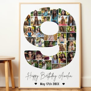 Puede incluir: Un póster blanco con un collage de fotos en forma del número nueve. El texto "Happy Birthday Amelia" está escrito en cursiva debajo del número. La fecha "May 17th 20XX" está escrita debajo del texto.