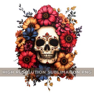 Boho Blumenschädel PNG, Sublimationsdesign, Zuckerschädel PNG Clipart, Tag der Toten druckbare Schädelkunst