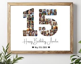 15歳の誕生日フォトコラージュテンプレート、パーソナライズされた15歳の誕生日プレゼント、誕生日の数字15、編集可能な15歳の誕生日テンプレートCanva